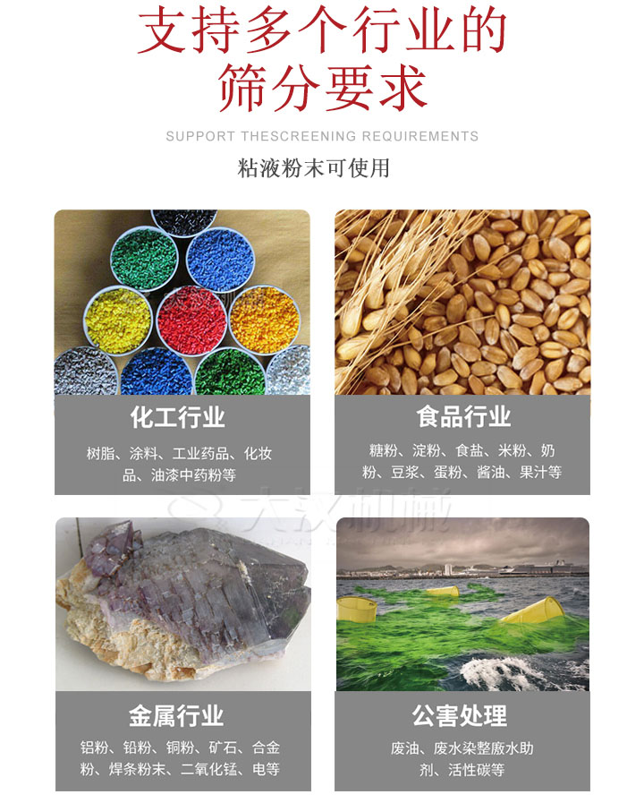 適用于化工行業(yè)，食品行業(yè)，金屬行業(yè)，以及公害處理等行業(yè)?；ば袠I(yè)：樹脂，涂料，工業(yè)藥品，化妝品，油漆，中藥粉等;食品行業(yè)：糖粉，淀粉，食用鹽，米粉，奶粉，豆?jié){，蛋粉，醬油，果汁等;金屬行業(yè)：鋁粉，鉛粉，銅粉，礦石，合金粉，焊條粉末，二氧化錳，電等。公害處理：廢油，廢水染整廒水助劑，活性炭等。超聲波振動篩支持挑選定制常見的有：不銹鋼，碳鋼，全不銹鋼三種規(guī)格。不銹鋼：耐腐蝕，耐高溫適合化工行業(yè),碳鋼：鋼性強，硬度高經久耐用,全不銹鋼：機身經久耐用不易生銹不易腐蝕超聲波振動篩共有一到四層可供選擇。大漢超聲波振動篩優(yōu)勢：篩分效率高，篩分精度高，產量可提高0.5-10倍適用于：大米，米粉，綠豆，小米等。輕松解決堵網問題適用10目-635目之間的物料。