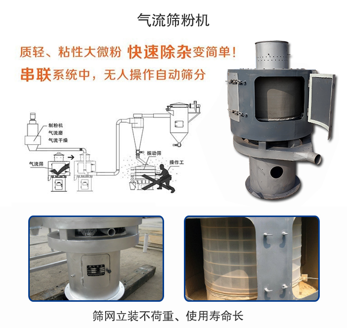 氣流篩粉機(jī)適用：質(zhì)輕，粘性大微粉采用串聯(lián)系統(tǒng)重，無人操作自動(dòng)篩分 特點(diǎn)：篩網(wǎng)立裝不負(fù)重，使用壽命長(zhǎng)。